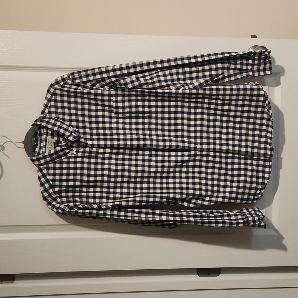 J Crew Mens Classic Fit Navy White Gingham Check Long Sleeve Button Down Large